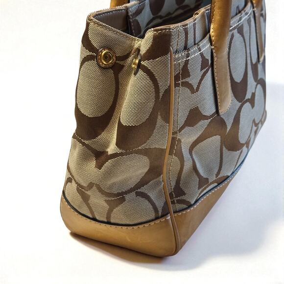 COACH Hamptons Medium Madeline Satchel Handbag Brown Monogram Leather Trim - Picture 4 of 15